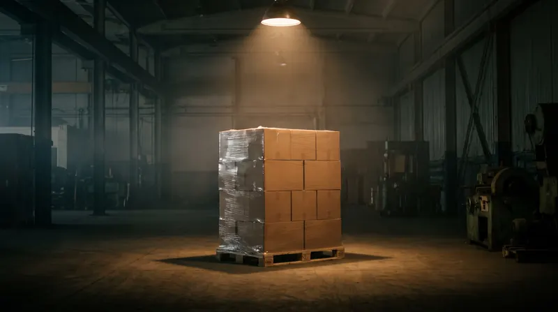 Palette mit originalverpackten Kartons in einer dunklen Lagerhalle